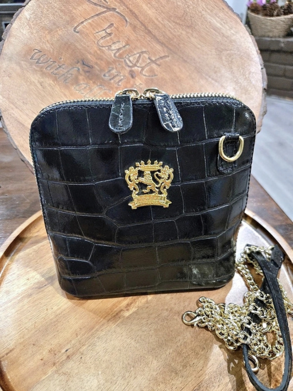 Pratesi Firenze Black Crocodile-Embossed Crossbody